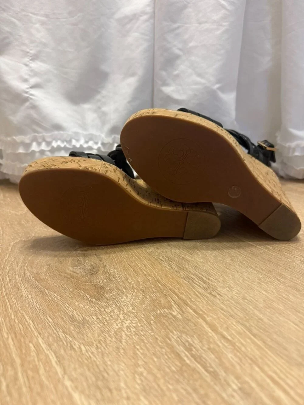 Tory Burch Black Leather Wedge Sandals Cork Heels 7.5 M